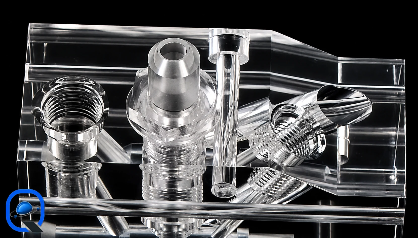 تصویر واقعی بلوک میکروسیال پلکسی با اتصالات مخروطی و رزوه‌ای (Acrylic Fluidic Block with Tapered Threaded Ports) برای باکس قطعات سایت قطعه پیچ