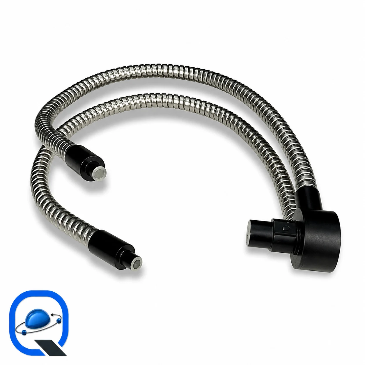 تصویر واقعی لایت‌گاید فیبر نوری دوشاخه با بازوی فلزی انعطاف‌پذیر (Dual-Arm Flexible Fiber Optic Gooseneck Light Guide) برای باکس قطعات سایت قطعه پیچ