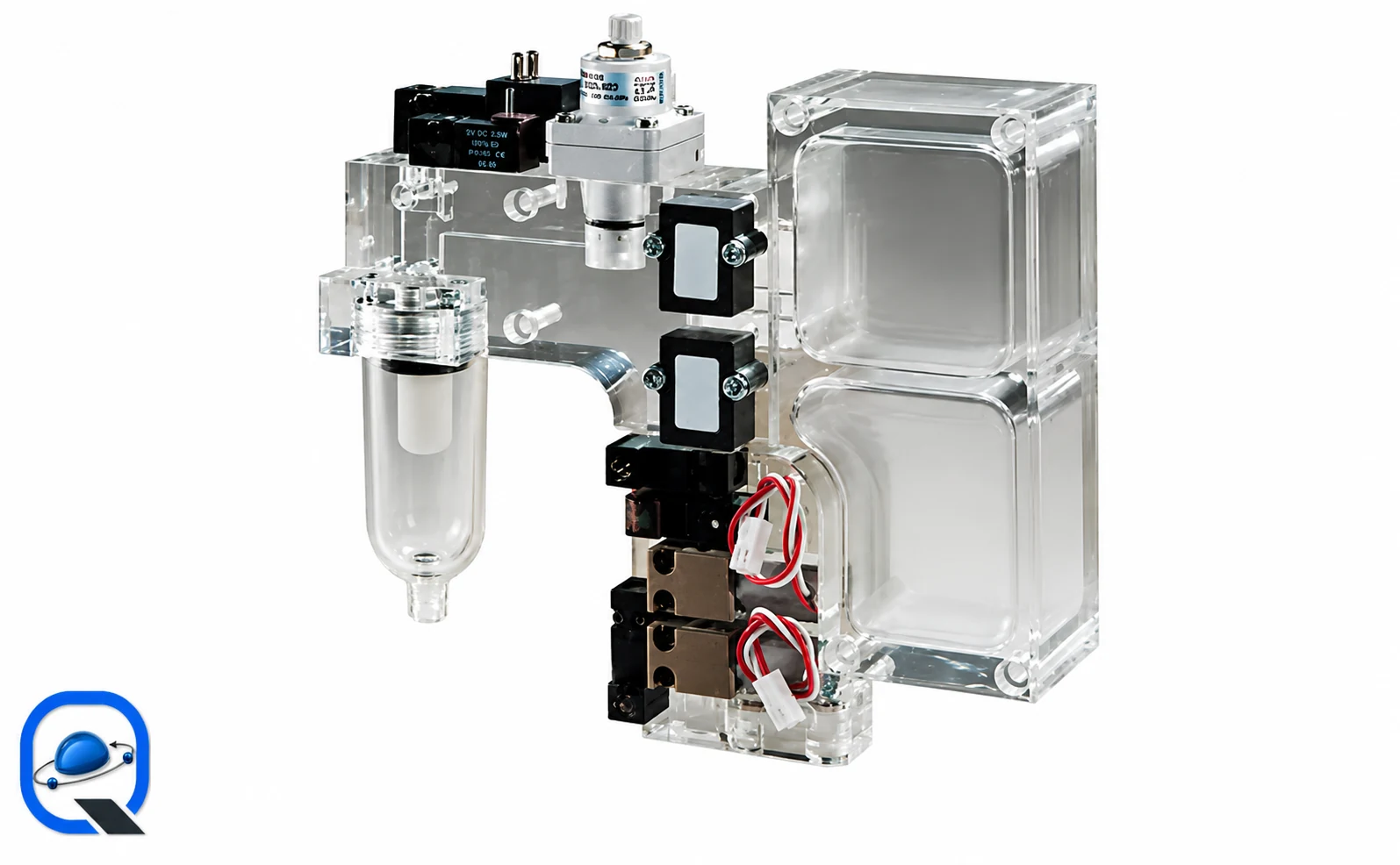 عکس ماژول منیفولد پنوماتیک-سیالی با شیر برقی و مخزن شفاف (Electro-Pneumatic Fluidic Manifold Assembly) | قطعه پیچ تصویر واقعی ماژول منیفولد پنوماتیک-سیالی با شیر برقی و مخزن شفاف (Electro-Pneumatic Fluidic Manifold Assembly) برای باکس قطعات سایت قطعه پیچ