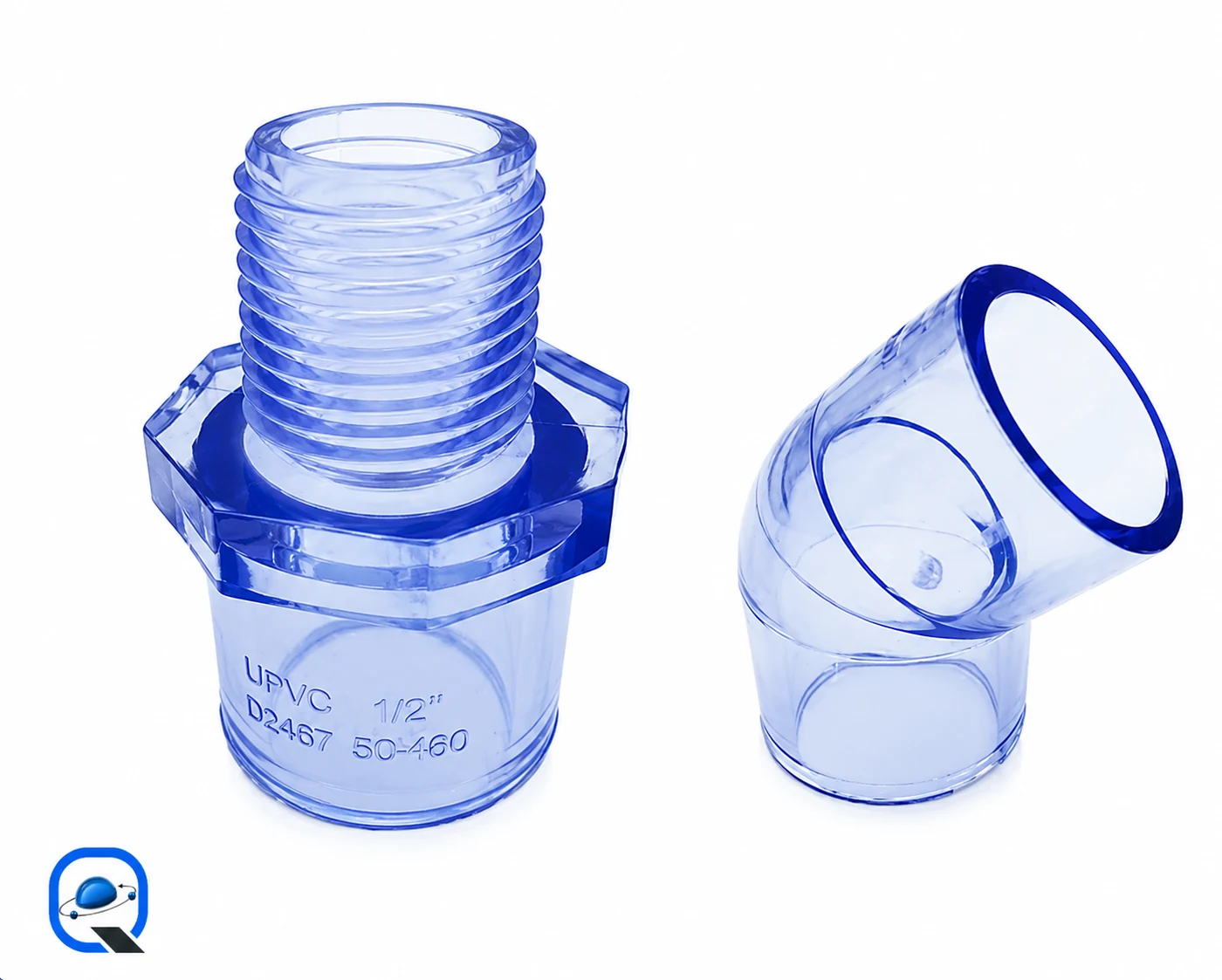 تصویر واقعی اتصال شفاف UPVC شامل تبدیل رزوه‌ای و زانویی خط لوله (Transparent UPVC Threaded Adapter & Elbow Fitting) برای باکس قطعات سایت قطعه پیچ